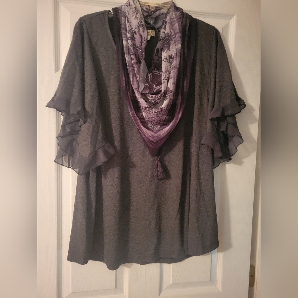 Plus Size Ruffle Short Sleeve Solid Knit Top with Attached Fringe Tassel Scarf